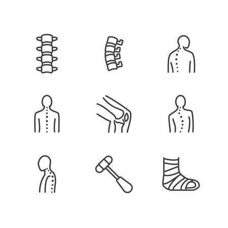 Nine outline icons showing spine vertebrae, skeletal views, human figures, hand manipulation, and medical wrapping related to chiropractic care