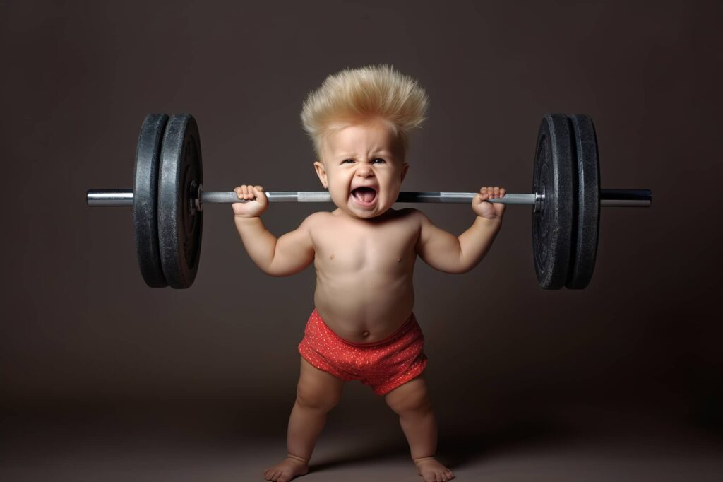Toddler with blonde hair lifting a weighted barbell with black weight plates while standing against a brown background